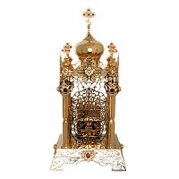 2.7.1009лп Дарохранительница латунная с красными камнями в позолоте без колпака