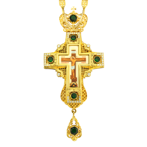 2.10.0035лп-2/39лп Крест наперсный латунный в позолоте со вставками и цепью