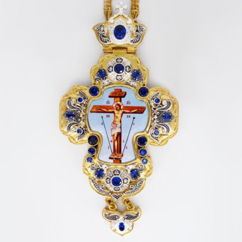 2.10.0329лп-2/1лп Крест наперсный латунный в позолоте с синими камнями 2.10.0329лп-2/1лп Крест наперсный латунный в позолоте с синими камнями