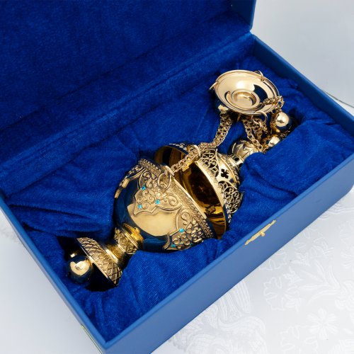 2.7.1129лп Кадило латунное с голубыми камнями в позолоте фото 7 2.7.1129лп Кадило латунное с голубыми камнями в позолоте фото 7