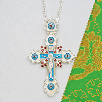 2.10.0616лэ/1л Наперсный латунный крест с красными камнями и эмалью в серебрении