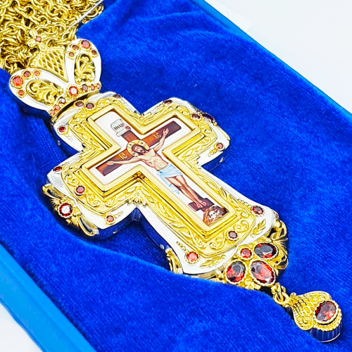 2.10.0295лф-2/1л Крест латунный с фрагментальной позолотой и цепью фото 2