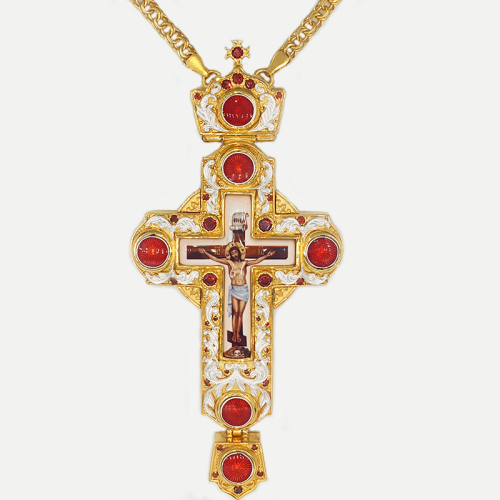 2.10.0236лпэ-2/1лп Крест латунный в позолоте, с эмалью и цепью