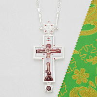 2.10.0398л-2/64л Крест наперсный латунный с красными камнями в серебрении