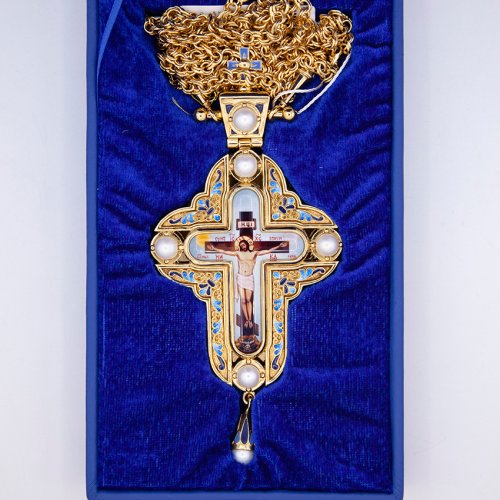 2.10.0441лпэ-2/64лп Крест наперсный в позолоте с жемчугом фото 3