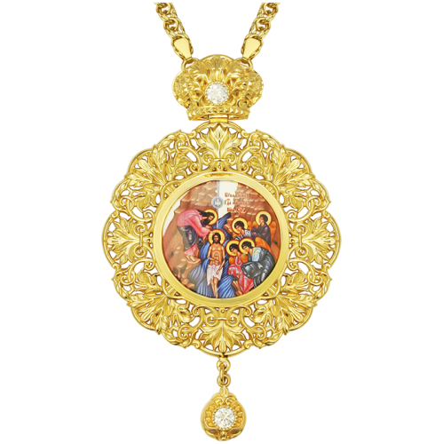 2.7.0485лп-2/1лп Панагия латунная в позолоте, со вставками и цепью фото 2 2.7.0485лп-2/1лп Панагия латунная в позолоте, со вставками и цепью фото 2