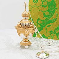 2.7.1129лф Кадило латунное с голубыми камнями в серебрении и фрагментальной позолотой