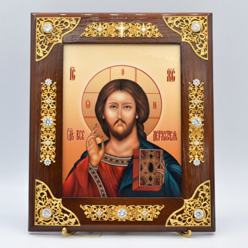2.77.0134лп Икона венчальная латунная в позолоте на дереве с лат. принтом Господь Вседержитель 2.77.0134лп Икона венчальная латунная в позолоте на дереве с лат. принтом Господь Вседержитель