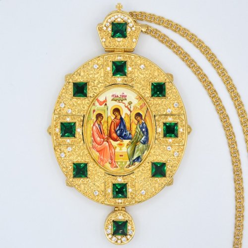 2.10.0590лпр-2/64лп Крест наперсный латунный с голубыми камнями в позолоте