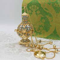 2.7.1280лпэ Кадило латунное с голубыми камнями в позолоте