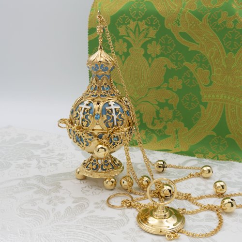 2.7.1280лпэ Кадило латунное с голубыми камнями в позолоте