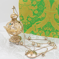 2.7.0387лф Кадило латунное с голубыми камнями в серебрении и фрагментальной позолоте