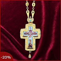 2.10.0284лп-2/80лп Наперсный латунный крест с голубыми камнями в позолоте