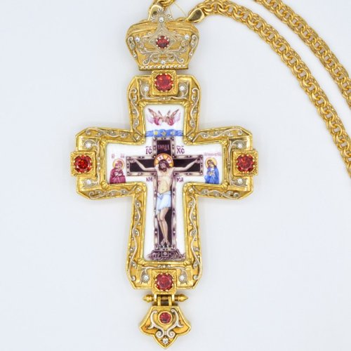 2.10.0196лп-1/1лп Крест наперсный латунный с украшениями в позолоте с цепью и финифтью 2.10.0196лп-1/1лп Крест наперсный латунный с украшениями в позолоте с цепью и финифтью