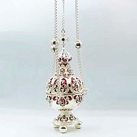 2.7.1280лэ Кадило латунное с красными камнями и эмалью в серебрении