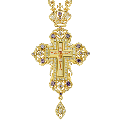 2.10.0093лп-2/44лп Крест наперсный латунный в позолоте со вставками и цепью 2.10.0093лп-2/44лп Крест наперсный латунный в позолоте со вставками и цепью
