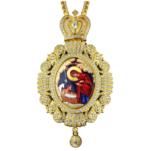 2.7.0528лп-2/1лп Панагия латунная в позолоте со вставками и цепью 2.7.0528лп-2/1лп Панагия латунная в позолоте со вставками и цепью