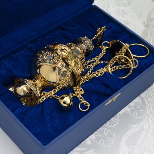 2.7.1163лпр Кадило латунное с красными камнями в позолоте фото 3