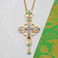 2.10.0637лп-2/1лп Крест наперсный латунный с голубыми камнями в позолоте