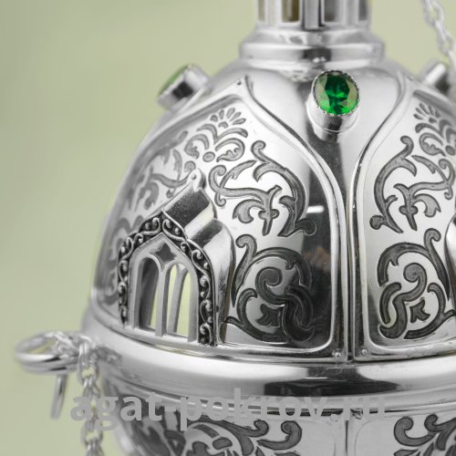 2.7.2123лр Кадило латунное с зелеными камнями и патинированием в серебрении фото 2 2.7.2123лр Кадило латунное с зелеными камнями и патинированием в серебрении фото 2