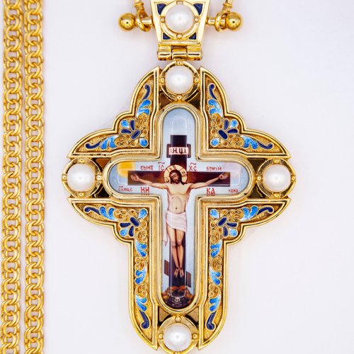 2.10.0441лпэ-2/64лп Крест наперсный в позолоте с жемчугом фото 5