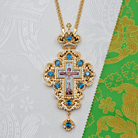 2.10.0508лп-2/1лп Наперсный крест латунный с голубыми камнями в позолоте