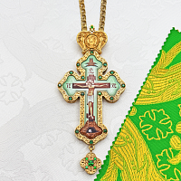2.10.0420лп-2/1лп Крест наперсный латунный с зеленными камнями в позолоте