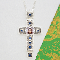 2.10.0596лр-2/1л Крест наперсный латунный с синими камнями в серебрении