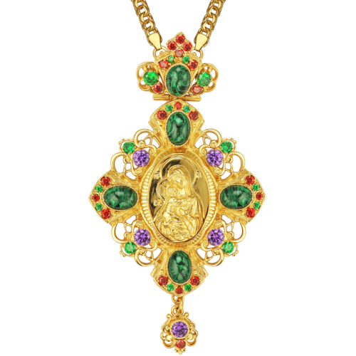 2.7.0704лп/1лп Панагия латунная в позолоте с литьевым образом , вставками и цепью арт. 2.7.0201лп