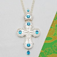 2.10.0583л/63л Крест наперсный латунный с голубыми камнями в серебрении
