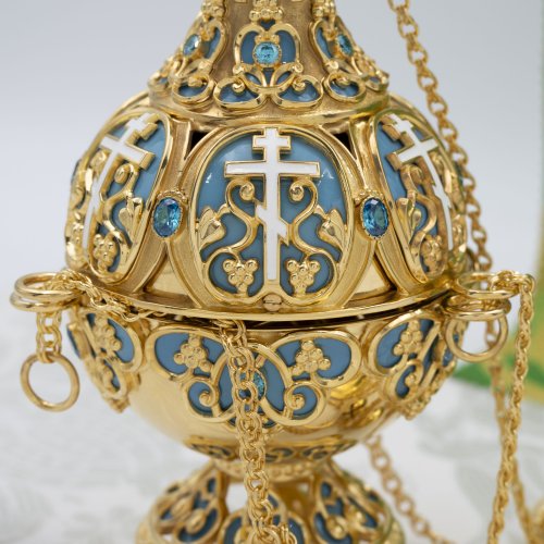 2.7.1280лпэ Кадило латунное с голубыми камнями в позолоте фото 4