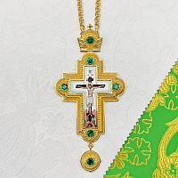 2.10.0249лп-2/1лп Крест латунный с зеленными камнями в позолоте