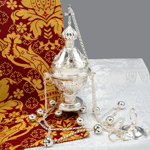 2.7.2618л Кадило латунное с фиолетовыми камнями в серебрении 2.7.2618л Кадило латунное с фиолетовыми камнями в серебрении