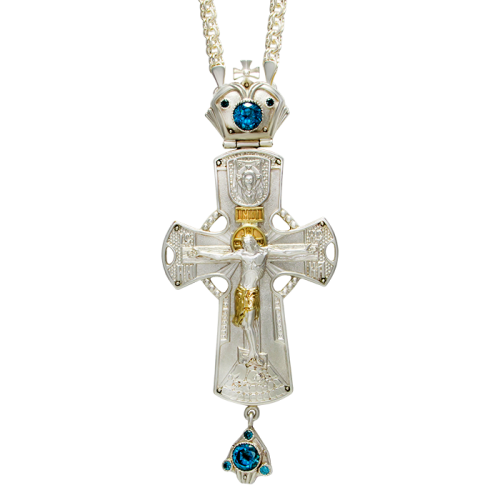 2.10.0089л/1л Крест наперсный латунный со вставками и цепью