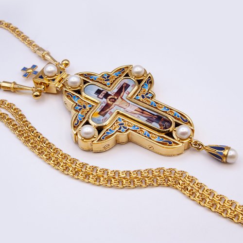 2.10.0441лпэ-2/64лп Крест наперсный в позолоте с жемчугом фото 6