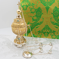 2.7.0672лф Кадило латунное с голубыми камнями в серебрении и фрагментальной позолотой