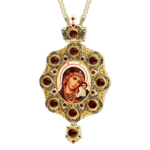 2.7.0987лфэ-2/1л Панагия латунная с фраг. позолотой, принтом, эмалью и с цепью арт. 2.7.0201л