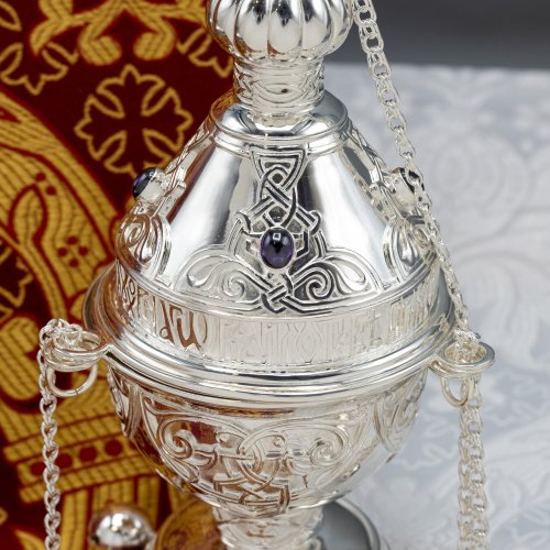 2.7.2618л Кадило латунное с фиолетовыми камнями в серебрении фото 8 2.7.2618л Кадило латунное с фиолетовыми камнями в серебрении фото 8