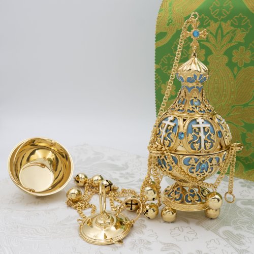 2.7.1280лпэ Кадило латунное с голубыми камнями в позолоте фото 2