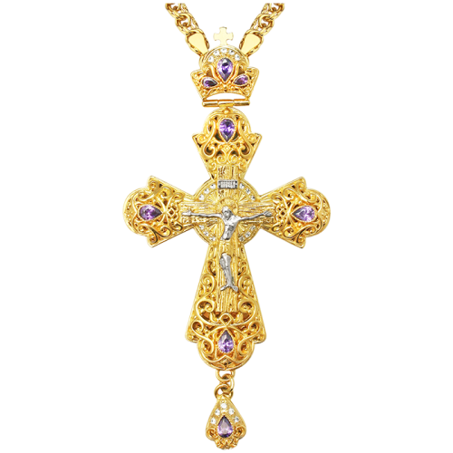 2.10.0131лп/1лп Крест наперсный со вставками в позолоте с цепью 2.10.0131лп/1лп Крест наперсный со вставками в позолоте с цепью