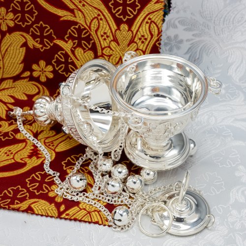 2.7.2618л Кадило латунное с фиолетовыми камнями в серебрении фото 2 2.7.2618л Кадило латунное с фиолетовыми камнями в серебрении фото 2