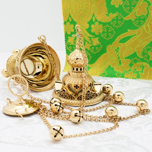 2.7.1129лп Кадило латунное с голубыми камнями в позолоте фото 2 2.7.1129лп Кадило латунное с голубыми камнями в позолоте фото 2