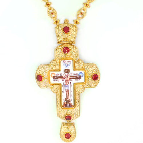 2.10.0204лф-1/44лп Крест латунный с фр. позолотой, финифтью и цепью 2.10.0204лф-1/44лп Крест латунный с фр. позолотой, финифтью и цепью