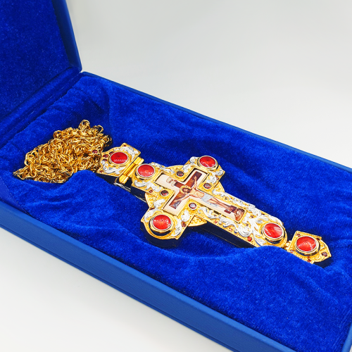 2.10.0236лпэ-2/1лп Крест латунный в позолоте, с эмалью и цепью фото 2