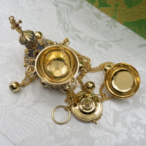 2.7.1163лпр Кадило латунное с красными камнями в позолоте фото 2