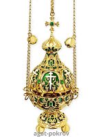 2.7.1280лпэ Кадило латунное с зелеными камнями и эмалью в позолоте