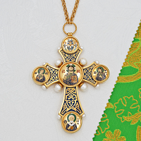 2.10.0592лпэ-28/112лп Наперсный латунный крест с белыми камнями и эмалью в позолоте