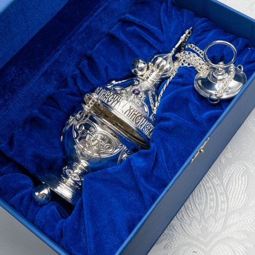 2.7.2618л Кадило латунное с фиолетовыми камнями в серебрении фото 4 2.7.2618л Кадило латунное с фиолетовыми камнями в серебрении фото 4