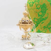 2.7.1129лф Кадило латунное с красными камнями в серебрении и фрагментальной позолотой