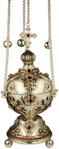 2.7.0710л Кадило латунное с красными камнями в серебрении
